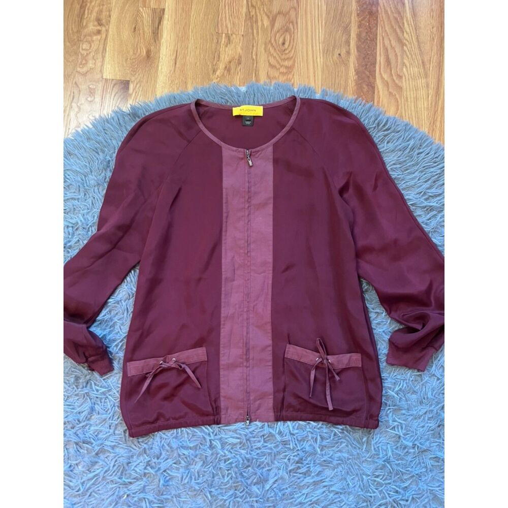 St. John Burgundy Full Zip Silk Bomber Jacket Size S